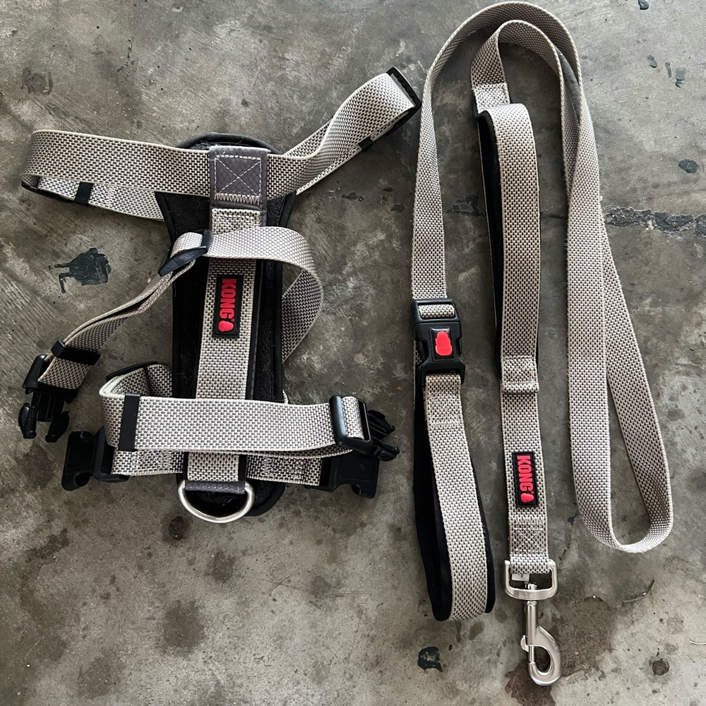 Never used Kong Large harness with chest plate and matching 6’ leash